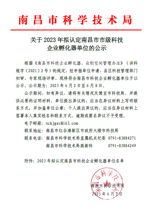 关于2023年拟认定南昌市市级科技企业孵化器单位的公示